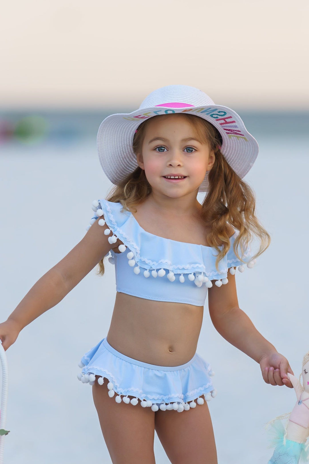Blue & White Pom-Pom Two- Piece Girls Swimsuit - Trendy Bathing Suit for Cruise Wear & Summer Fun| Girls' Swimwear - Sophia Rose Children's Boutique