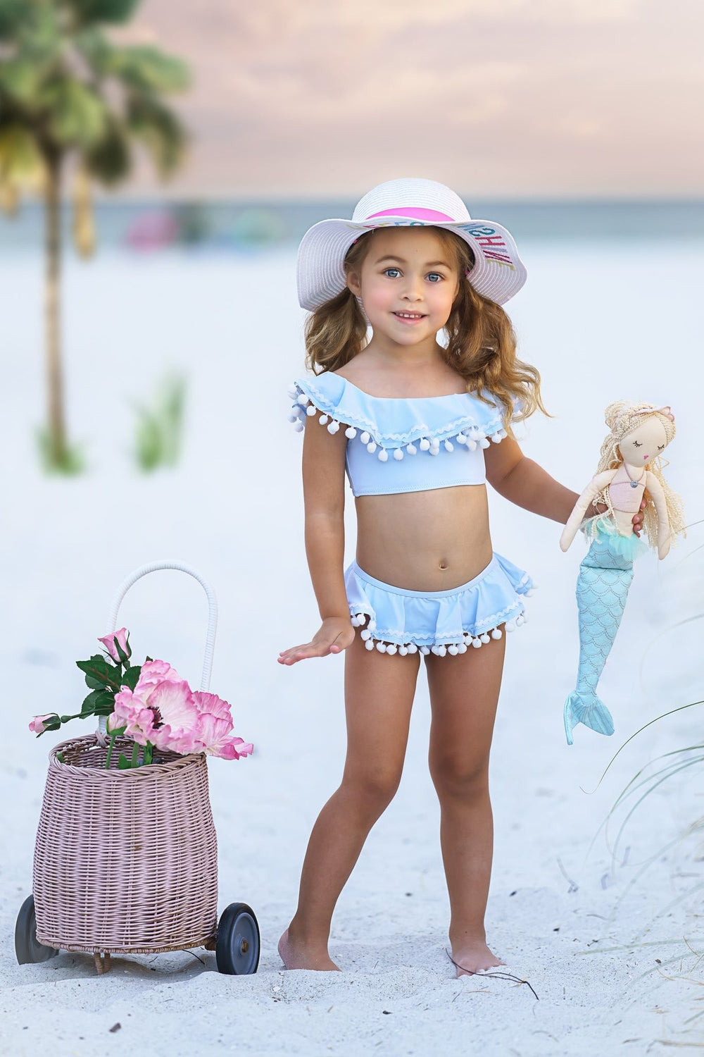 Blue & White Pom-Pom Two- Piece Girls Swimsuit - Trendy Bathing Suit for Cruise Wear & Summer Fun| Girls' Swimwear - Sophia Rose Children's Boutique