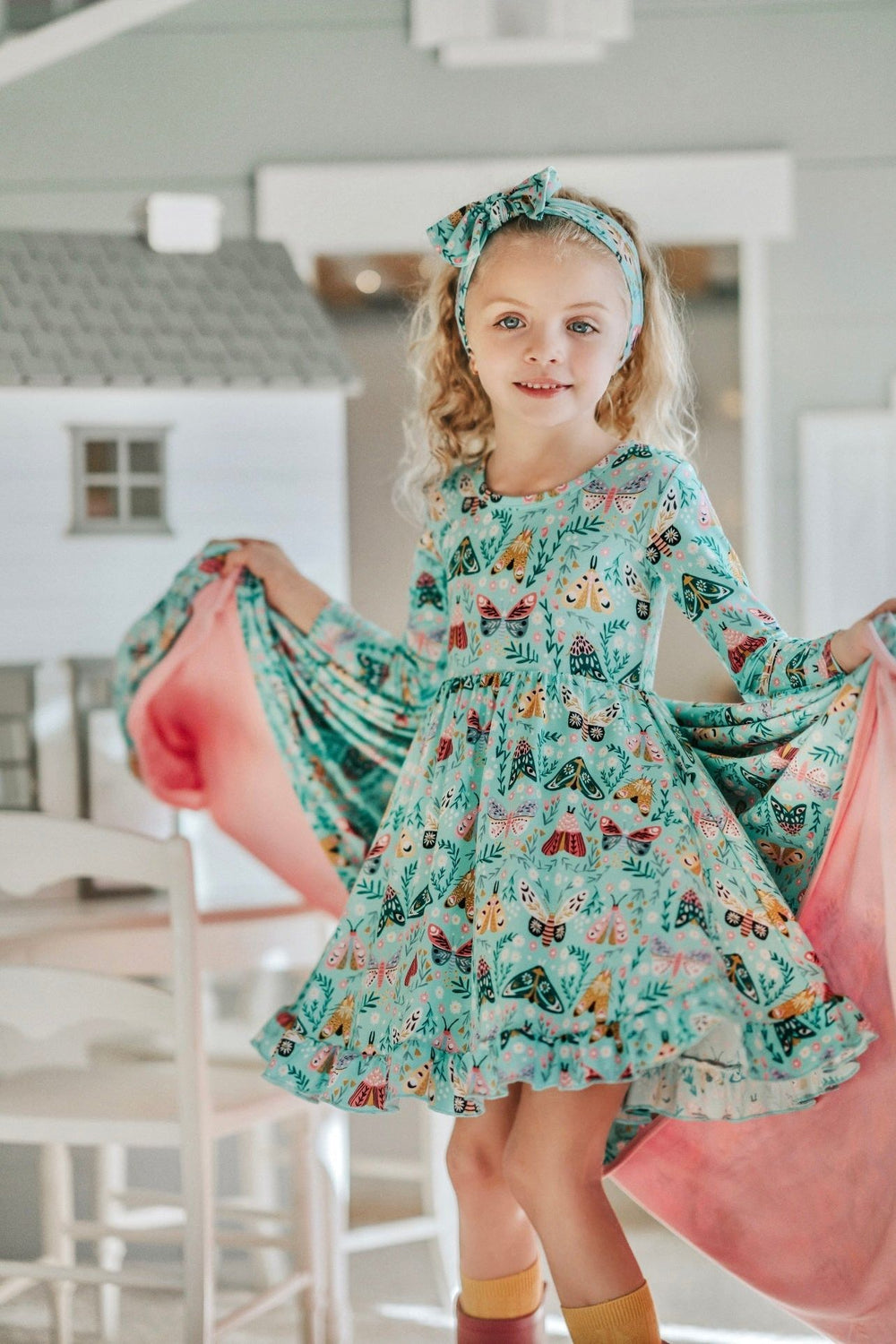 Girls' Vibrant Moth Bamboo Twirl Dress - Eco-Friendly - Sophia Rose Children's Boutique