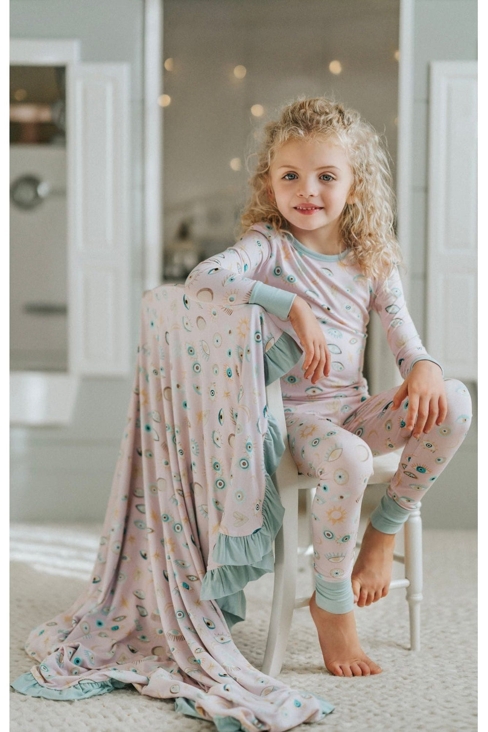 Pink & Blue Evil Eye Nazar Bamboo Ruffle Blanket - Cozy Protection - Sophia Rose Children's Boutique