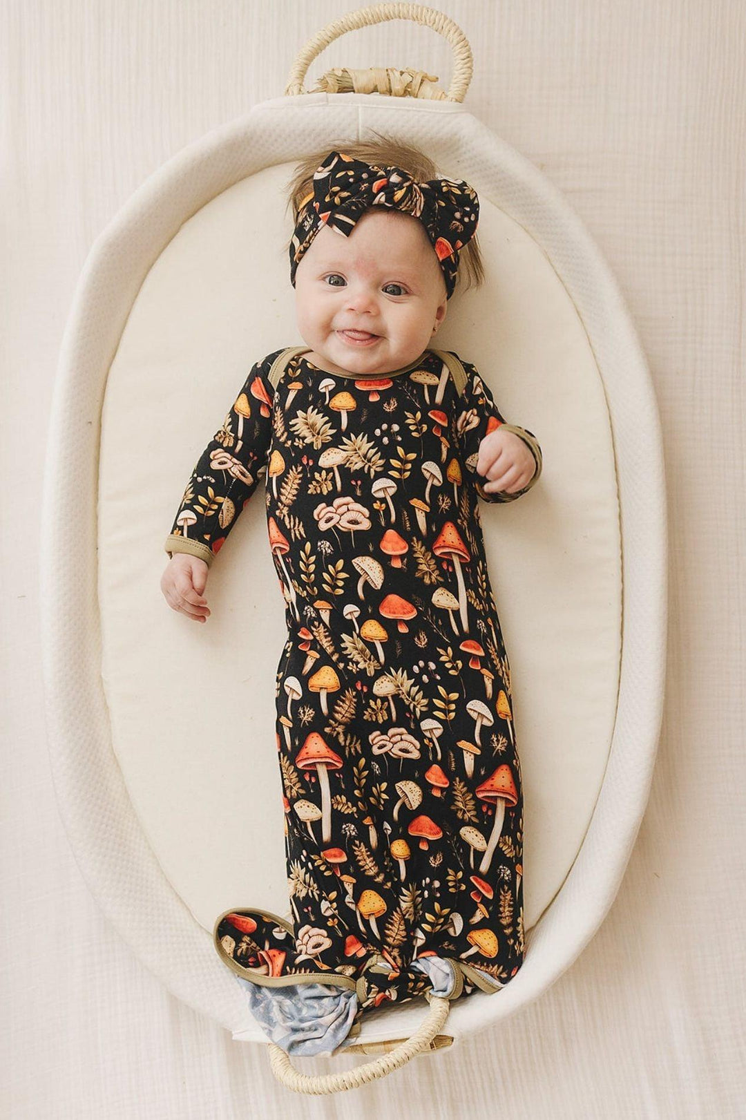Eco-Friendly Mushroom Print Bamboo Newborn Knotted Gown