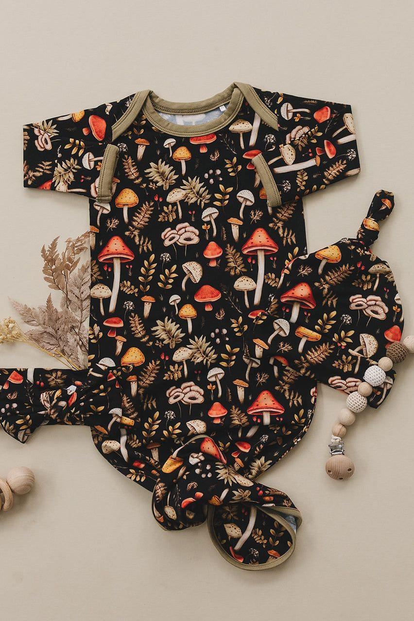 Eco-Friendly Mushroom Print Bamboo Newborn Knotted Gown