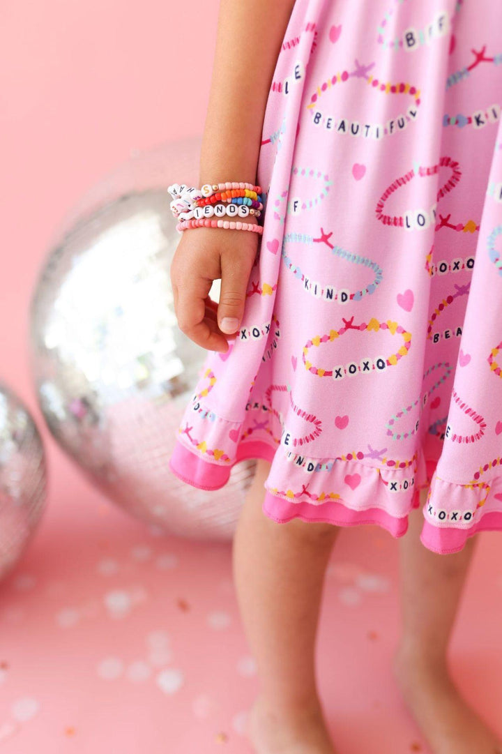 Girls Bamboo Twirl Dress - Pink Friendship Bracelet Print