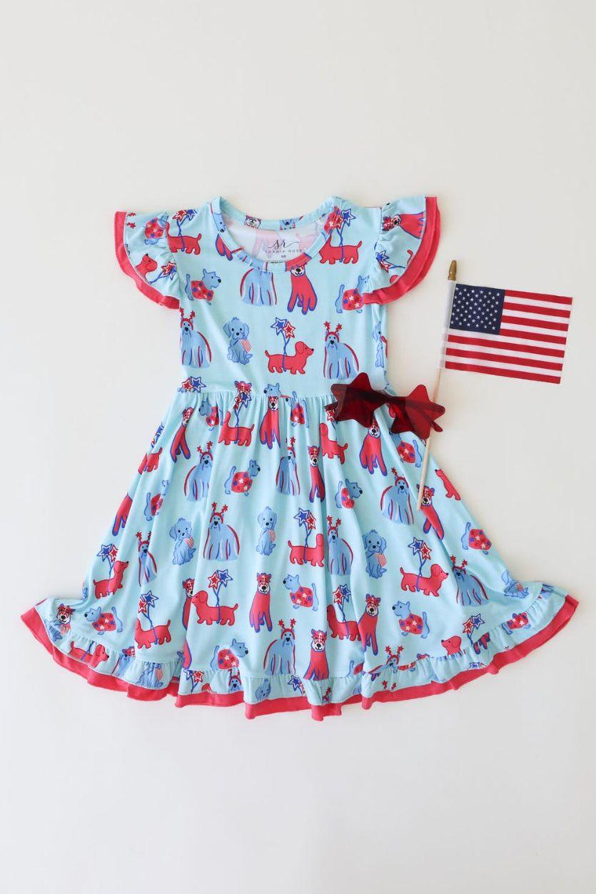 Patriotic Pups Bamboo Girls Twirl Dress - Short Ruffle Sleeve - Sophia Rose Children's Boutique