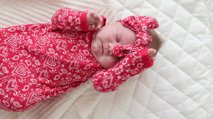 Valentine's Red Paisley Heart Infant Gown, Bamboo knotted Newborn Gift