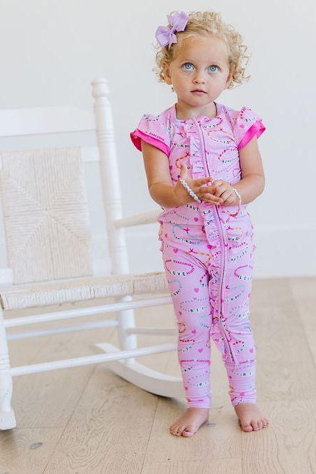 Ruffle Sleeve Bamboo Zipper Pajamas for Babies and Toddlers - Pink Bracelet - Sophia Rose Children's Boutique