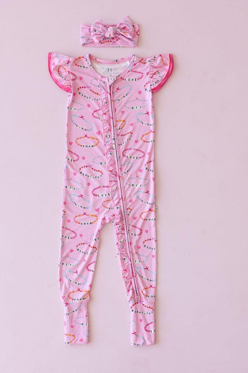 Ruffle Sleeve Bamboo Zipper Pajamas for Babies and Toddlers - Pink Bracelet - Sophia Rose Children's Boutique