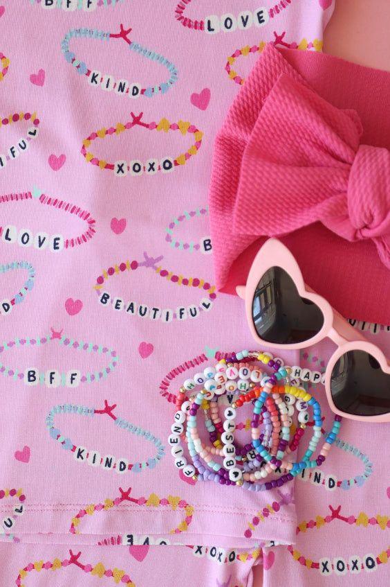 Two Piece Bamboo Kids Pajamas - Pink Friendship Bracelet Print - Sophia Rose Children's Boutique