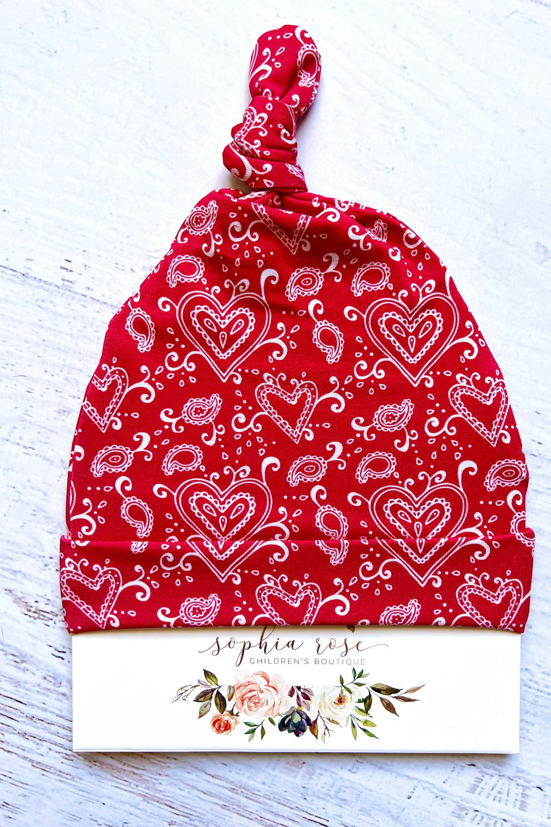 Firebrick Valentine's day Red Paisley Heart Newborn Beanie Hat, Infant Knotted Cap