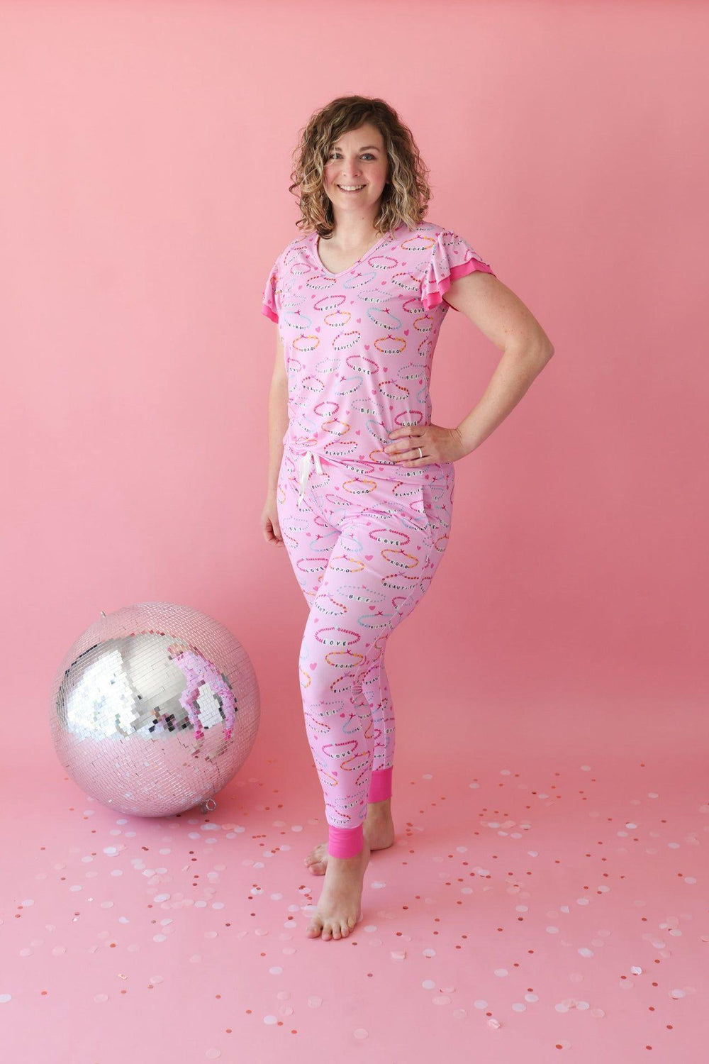 Women's Bamboo Two Piece Pajama Set - Pink Friendship Bracelet Print - Sophia Rose Children's Boutique