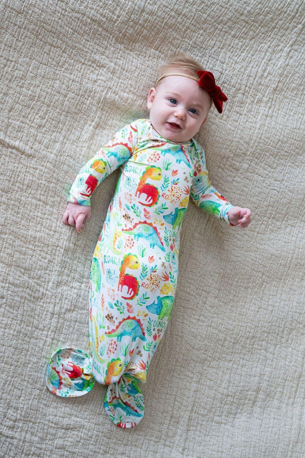 Fun and Vibrant Dinosaur Print Newborn Knotted Gown - Sibling Matching!