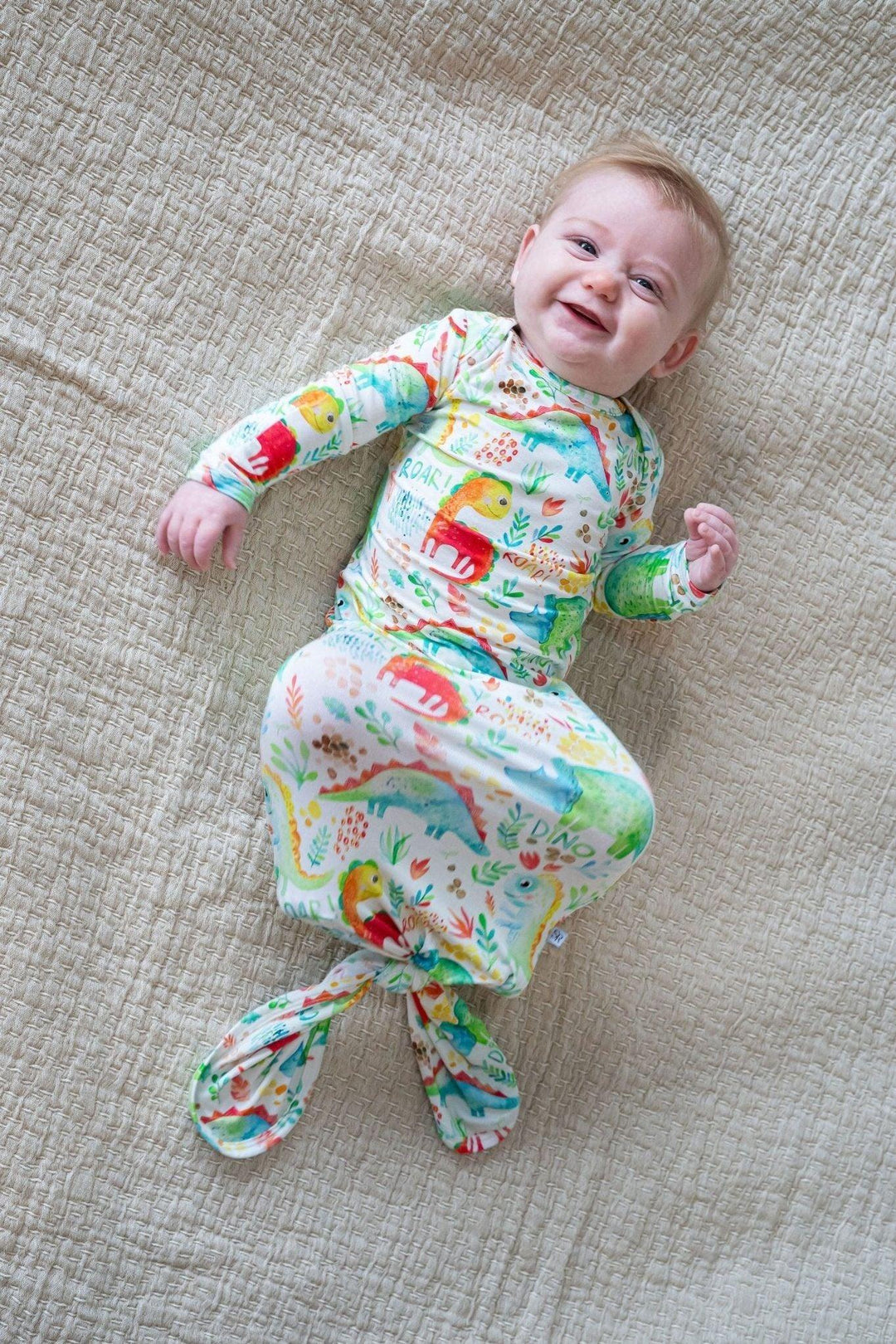 Fun and Vibrant Dinosaur Print Newborn Knotted Gown - Sibling Matching!