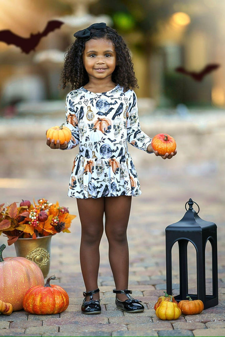 Magical Halloween Skulls and Pumpkins Skirted Bodysuit