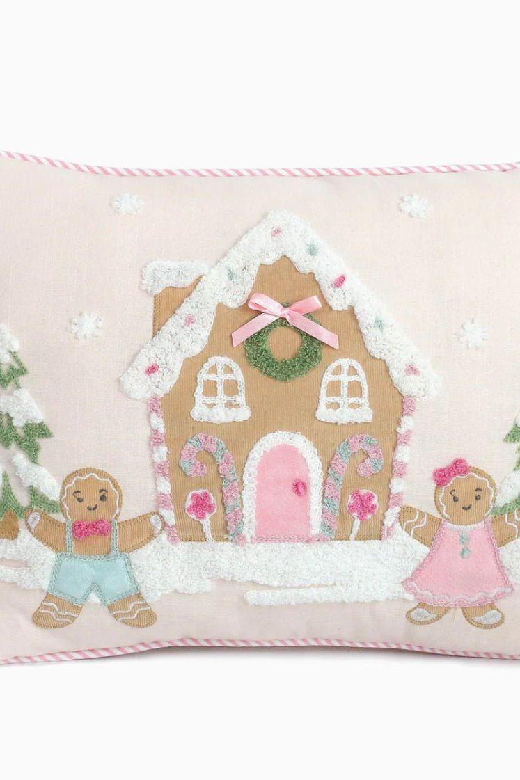 Pastel gingerbread house pillow, makes the perfect Christmas gift. - Sophia Rose Children's Boutique