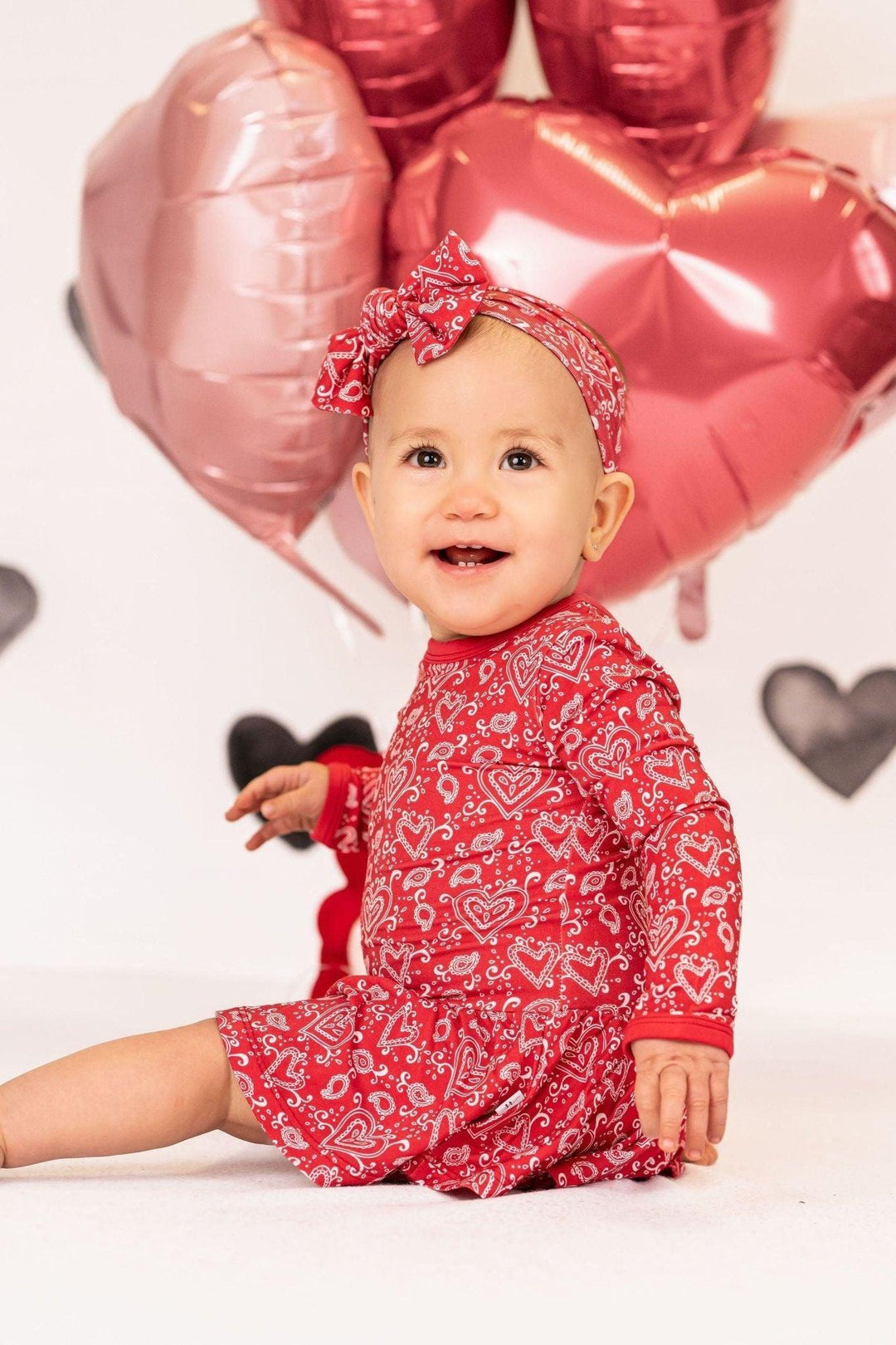 Red Paisley Heart Skirted Bamboo Bodysuit Romper for Valentine's Day - Sophia Rose Children's Boutique