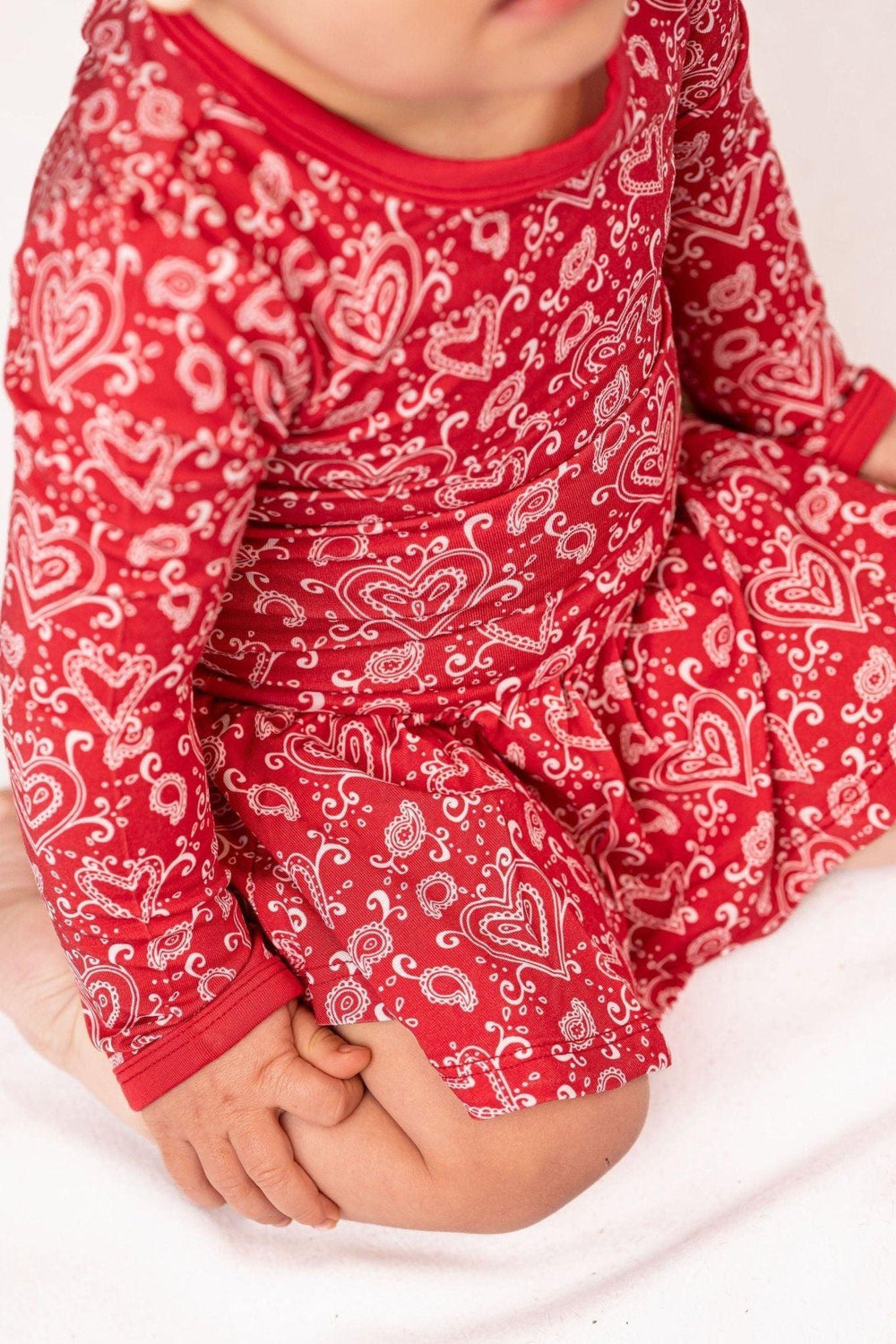 Red Paisley Heart Skirted Bamboo Bodysuit Romper for Valentine's Day - Sophia Rose Children's Boutique