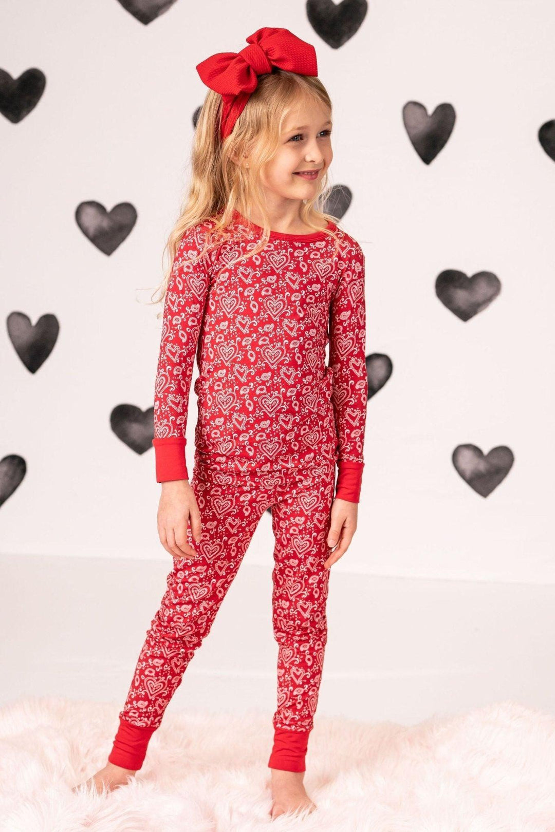 Red Paisley Hearts Valentine's Two-Piece Bamboo Kids Pajamas - Sophia Rose Children's Boutique