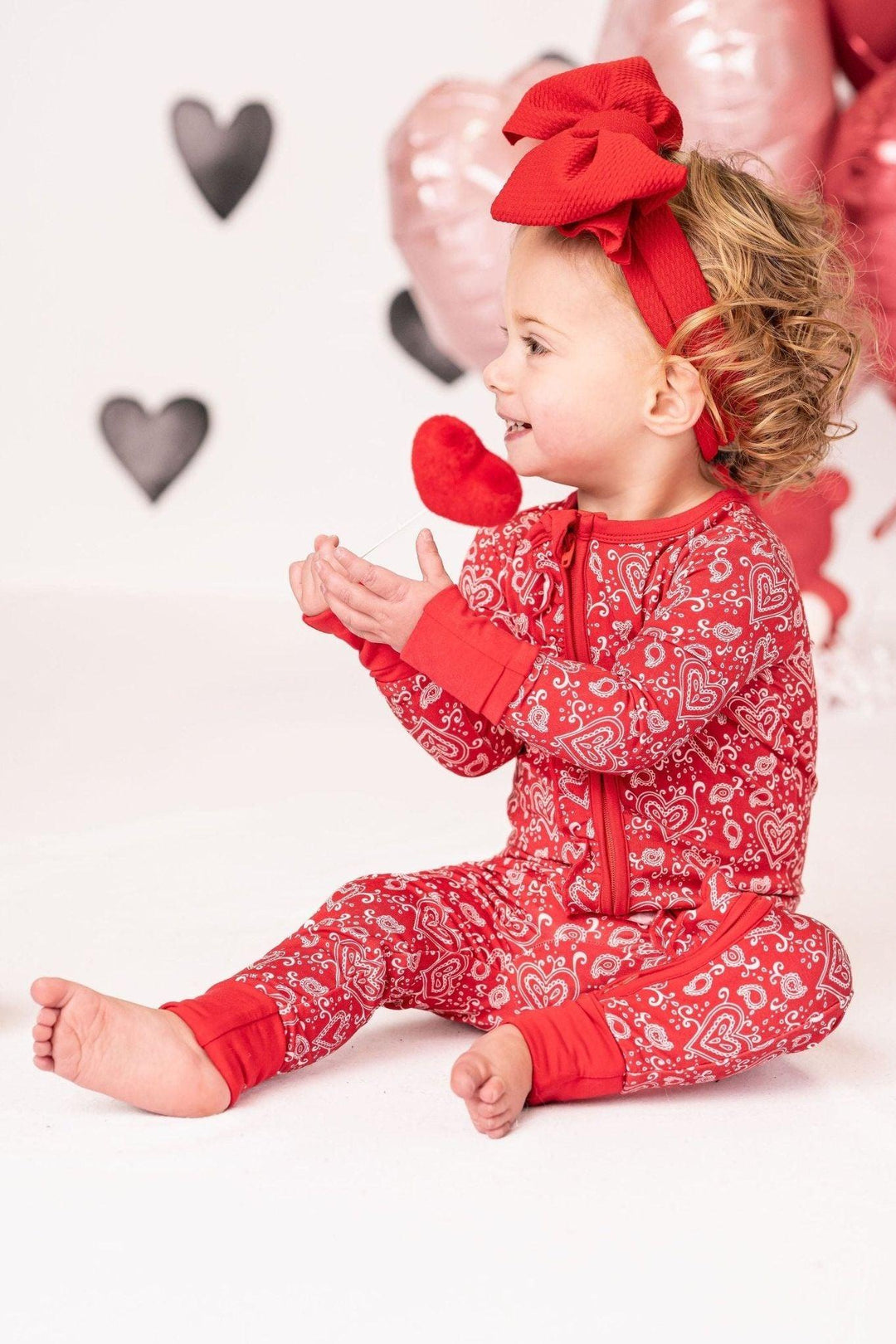 Red Paisley Hearts Zip-Up One Piece Valentines Pajamas for Baby - Sophia Rose Children's Boutique