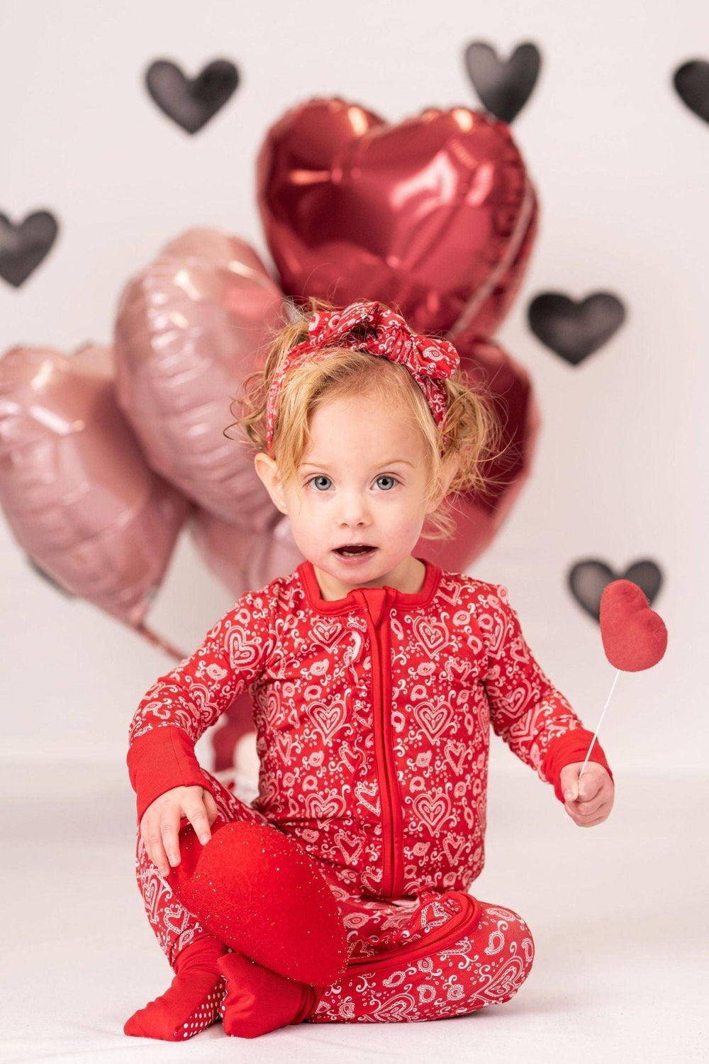 Red Paisley Hearts Zip-Up One Piece Valentines Pajamas for Baby - Sophia Rose Children's Boutique