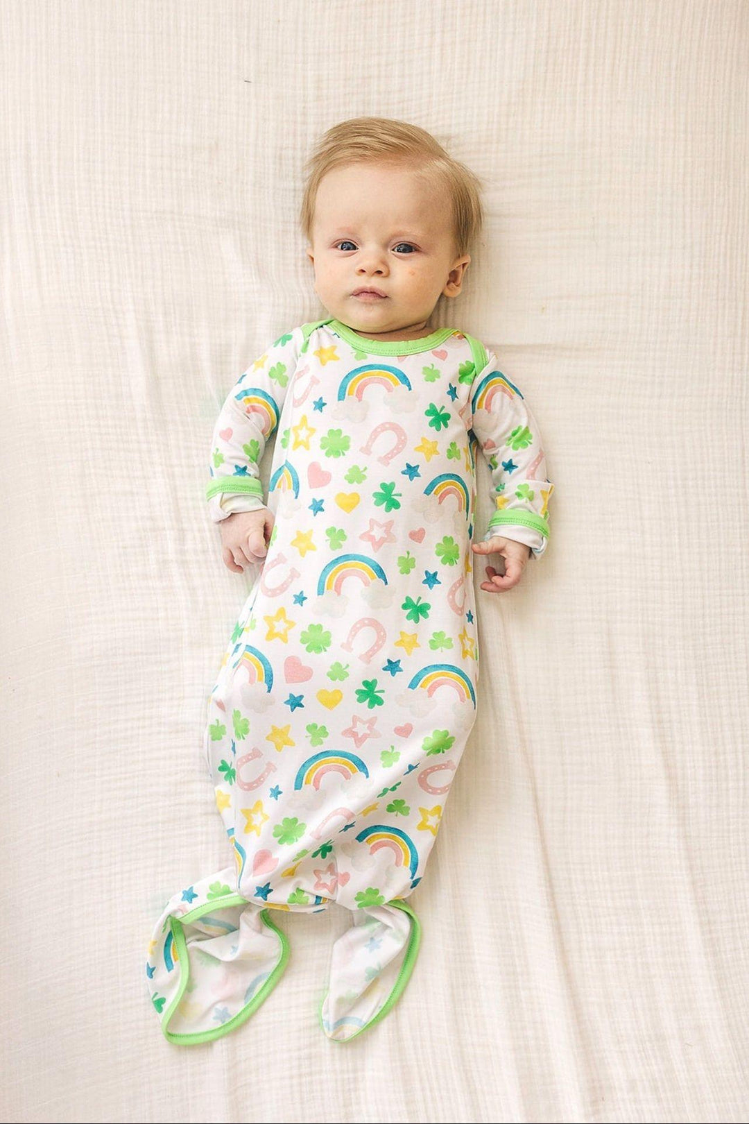 Newborn Bamboo Knotted Gown - Shamrocks & Rainbows, for St. Patrick's & Rainbow Babies - Sophia Rose Children's Boutique
