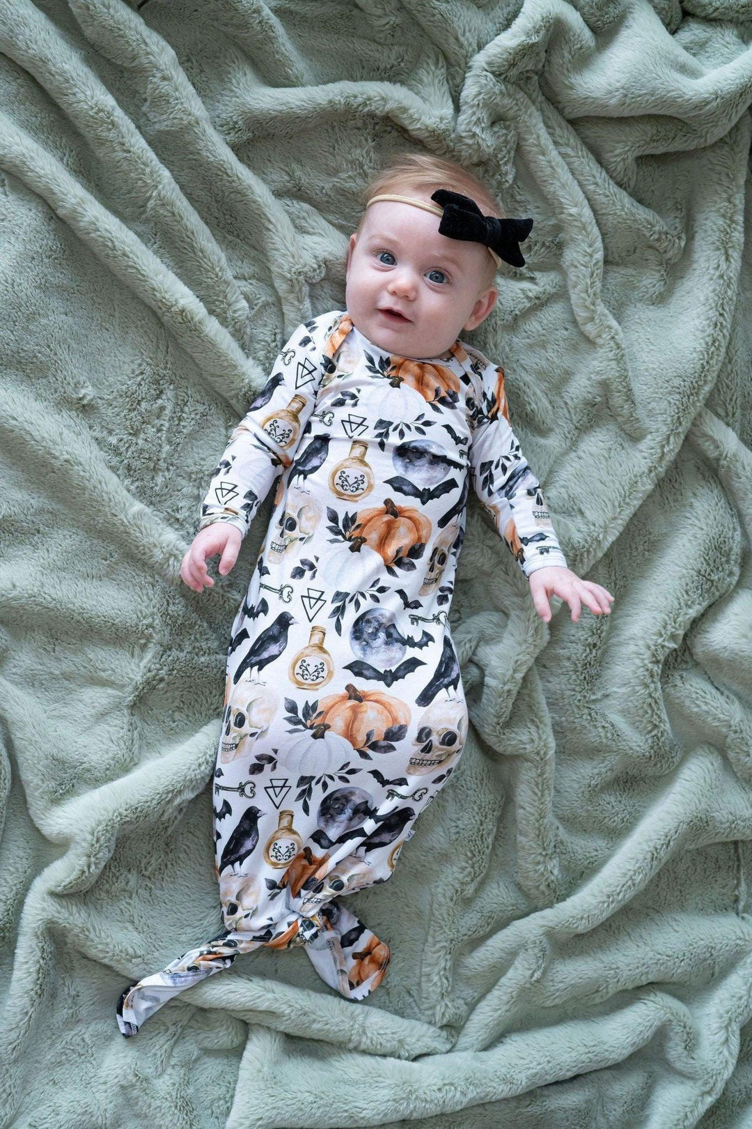 Magical First Halloween with Newborn Knotted Gowns - Skulls and Pumpkins Collection - Sophia Rose Children's Boutique