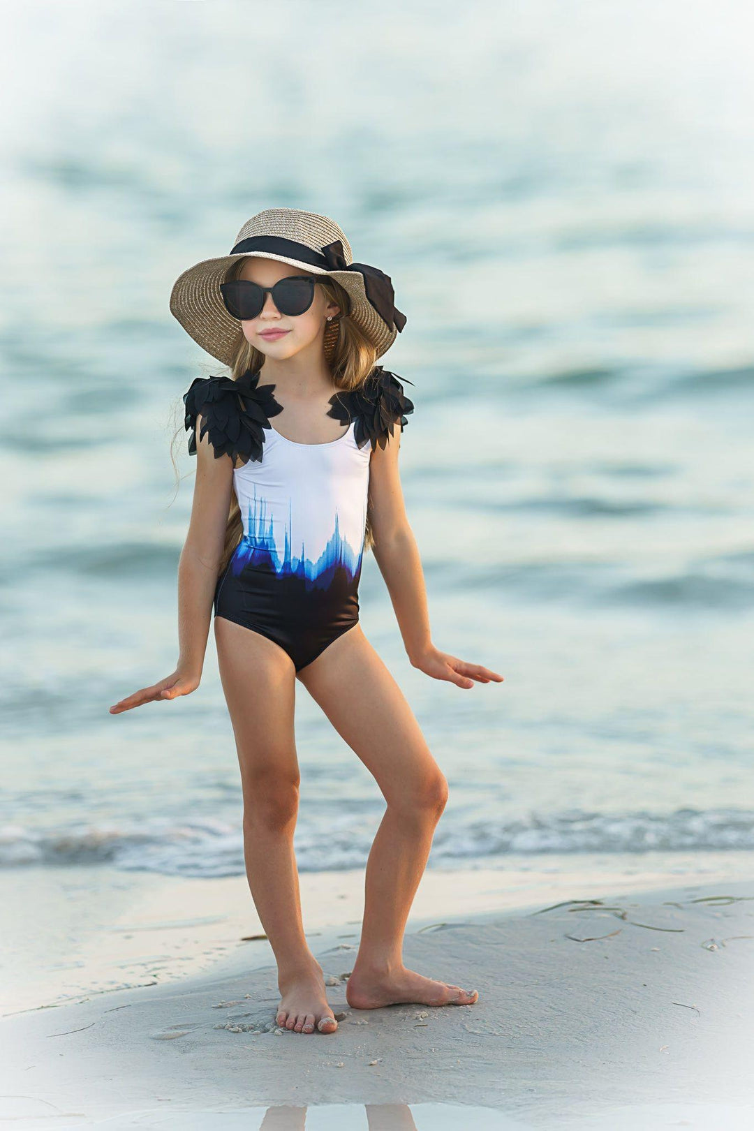 Stella Cove - Tank Style Girls Bathing Suit with Black Shoulder Petals - Sophia Rose Children's Boutique