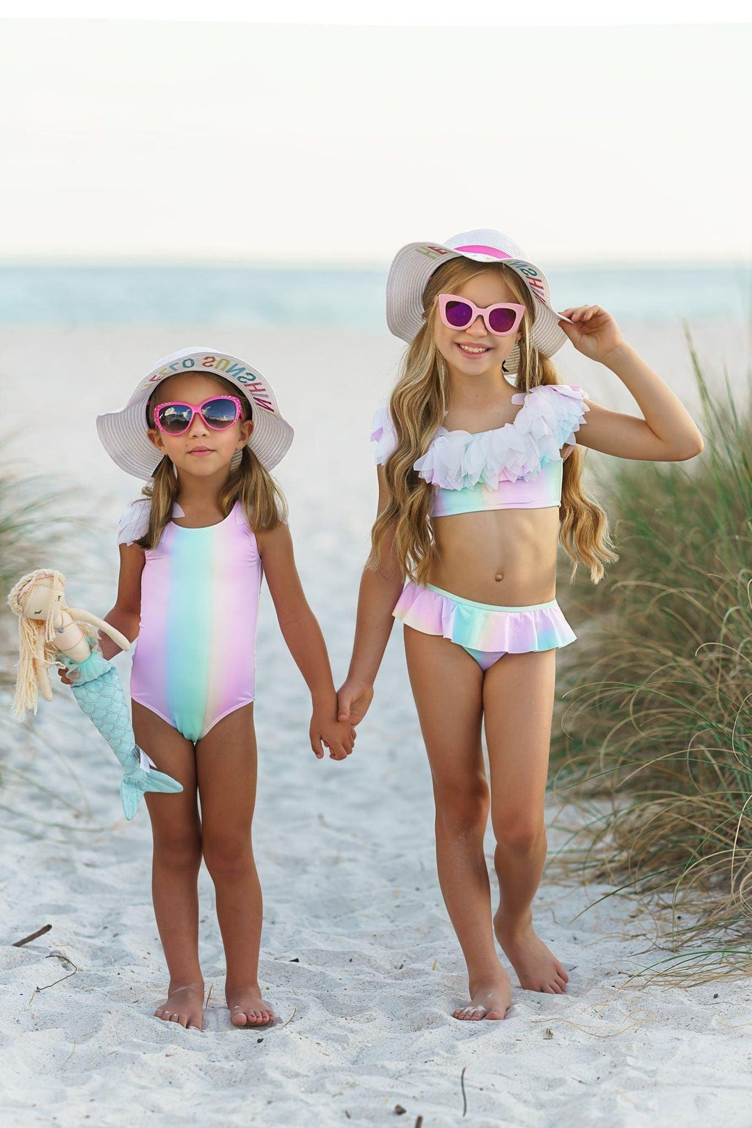 Stella Cove- Two Piece Rainbow with White Petal Trim Swimsuit for Girls - Sophia Rose Children's Boutique
