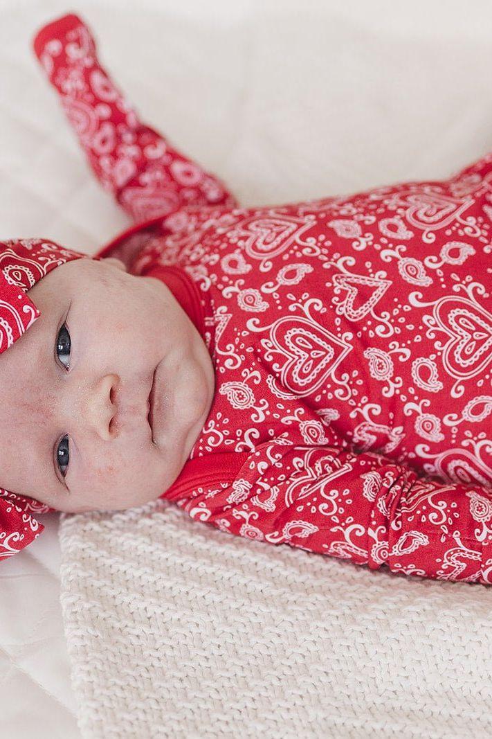 Valentine's Red Paisley Heart Infant Gown, Bamboo knotted Newborn Gift - Sophia Rose Children's Boutique